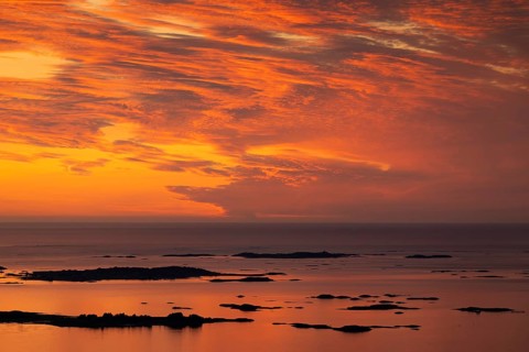 Offshore islands and skerries, sea, dramatically illuminated clouds, sunset, Otroya or Otrøya
