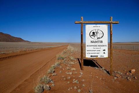 Namtib Biosphere Reserve sign on the D707, Tiras Mountains, Karas Region, Namibia