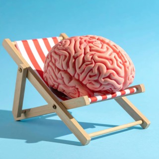 Brain relaxes on a sunbed under the summer sun, placed on a flat surface, symbol for mental health,