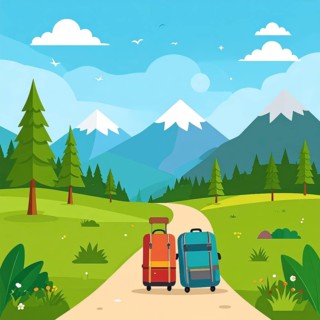 Traveling and hiking in mountain landscape, abstract vector illustration, AI generated image