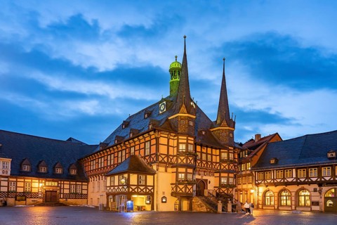 The town hall and market square in Wernigerode at dusk, Saxony-Anhalt, Germany