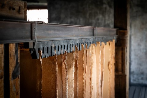 Cardboard hung up to dry, drying plant, factory hall, former paper factory and mill for the