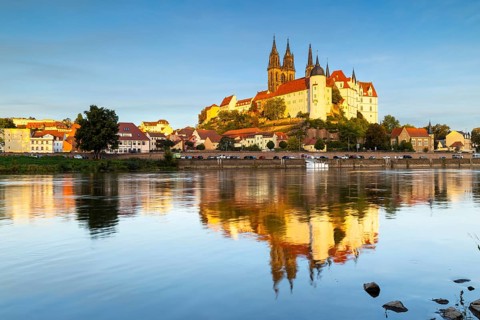 View of Albretsburg Castle and Meissen Cathedral, St. Johannis and St. Donatus, Reflection in the