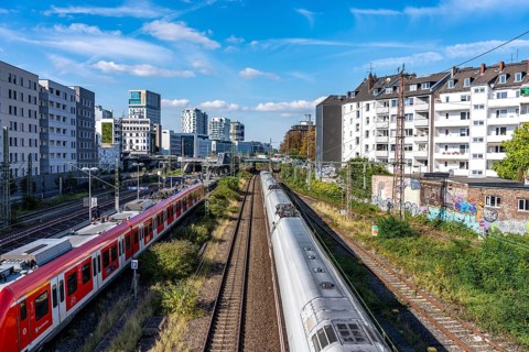 Wehrhahn railway station, railway line in Düsseldorf, along Toulouser Allee, residential area,