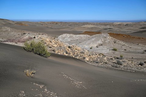 Wüstenlandschaft bei Pomona, im Hintergrund der Atlantik, Diamentensperrgebiet, bei Lüderitz,