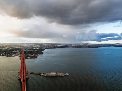 Inch Garvie Castle from a drone, Forth Bridge, Queensferry Crossing, Forth Estuary, Scotland,