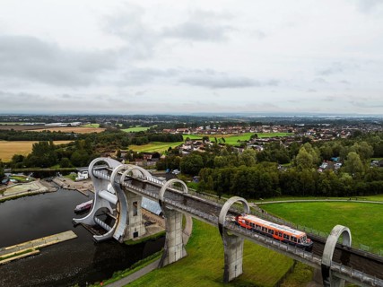 Filkirk Wheel from a drone, Forth and Clyde Canal, Falkirk, Scotland, UK