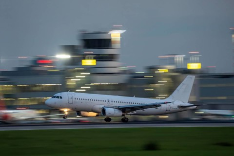 Eurowings Airbus lands at Düsseldorf Airport, North Rhine-Westphalia, Germany
