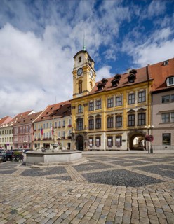 Old town centre and town hall in Baroque style, protected cultural monument, Roland Fountain,