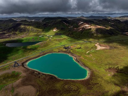Lake, volcanic crater, volcanic landscape, mountains, cloudy, aerial view, summer, Graenavatn,