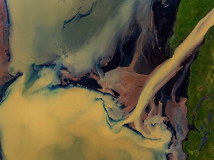 River, river course, river delta, branches, aerial view, wild river, summer, marshland, sediments,