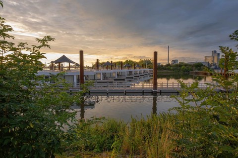 View of house messengers at Lankenauer Höft at Neustadt harbour in the evening light, Weser,