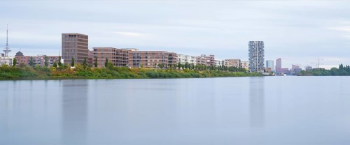 View over the Weser to the Überseestadt, long exposure, Bremen, Germany
