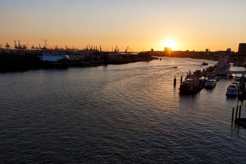 Hamburg harbour, view from the Elbphilharmonie over the Elbe at sunset, jetty, cranes of the
