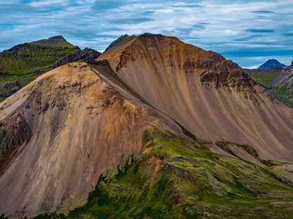 Mountains, coast, summer, aerial view, morning light, volcanic, cloudy, Faskrudsfjördur, East