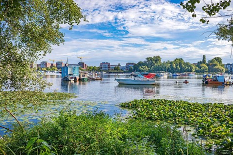 Lake Rummelsburg on the Stralau peninsula in Berlin, Germany