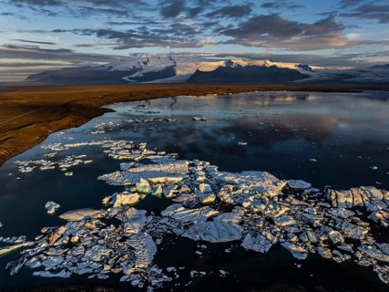 Ice floes, glacier, glacier tongue, fog, clouds, morning mood, mountains, reflection, aerial view,