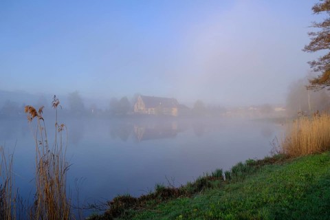 Morning atmosphere, fog at the Fischhof, Tirschenreuth, Upper Palatinate, Bavaria, Germany