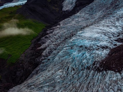 Glacier, glacier tongue, mountains, cloudy, summer, aerial view, Fjalljökull, Skaftafell, Iceland