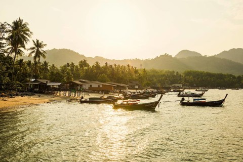 Fishing huts on the beach, sunset, Koh Mook, Trang province, southern Thailand, Andaman Sea,