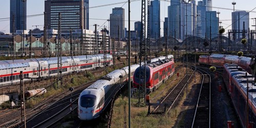 Elevated city view with many trains, railway station and skyscrapers, Frankfurt am Main, Hesse,