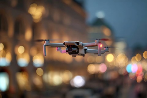 Ein Fernpilot steuert sein Quadrocopter, Drohne illegal über dichtbesiedeltes Stadtgebiet an einem