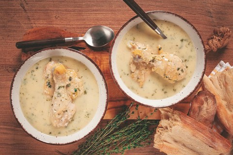 Chikhirtma chicken soup, Georgian dish, with lavash, top view, no people