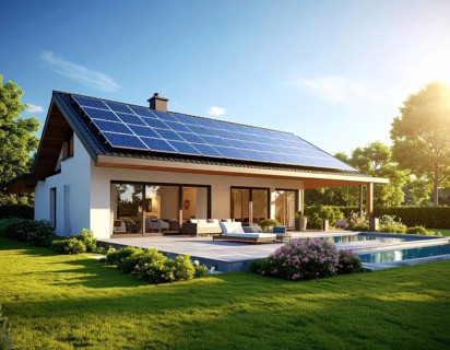 Residential house with solar panels on the roof, beautiful sunrise, AI generated
