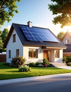 Residential house with solar panels on the roof, beautiful sunrise, AI generated