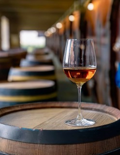 Glass of 10-year-old tawny wine placed on a barrel in a vineyard restaurant, AI generated