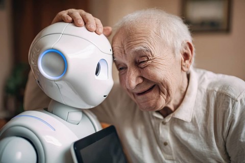 An elderly man in a nursing home smiles and communicates with a humanoid robot, carer robot, symbol