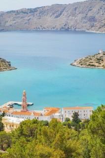 Panormitis bay, high angle view, Panormitis, Symi Island, Dodecanese Islands, Greece