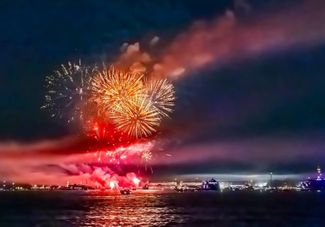 Lake Night Festival Constance. Water fireworks over the German shore and the neighbouring Swiss