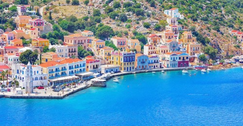 Gialos harbour, high angle view, Symi Island, Dodecanese Islands, Greece