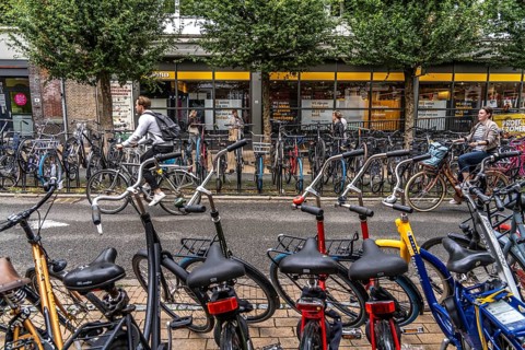 Ride your bike in the city centre of Groningen, old town, designated areas where bikes may be