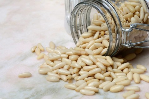 Pine nuts in glass containers, Pinus pinea