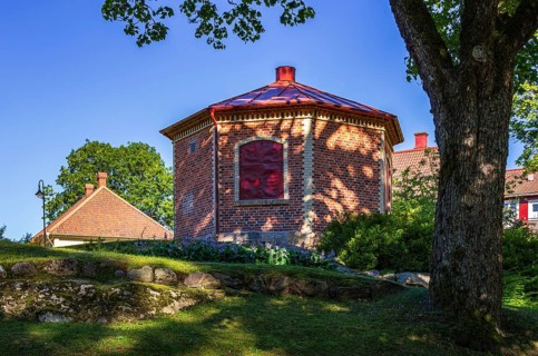 Historic building structures of Gustafsberg, a former spa and bathing resort on the Byfjord in