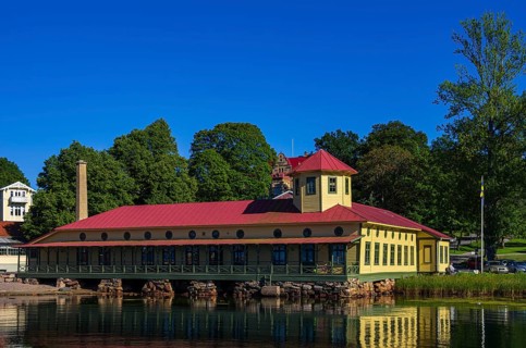 Former spa and bath building at Gustafsberg, a historic spa and bathing resort on the Byfjord in