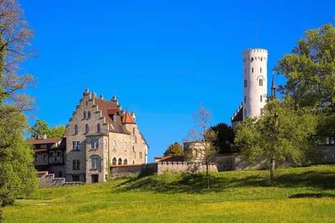 Lichtenstein Castle, fairytale castle of Württemberg, romantic fairytale castle on the eaves of the