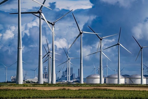 Wind farms Westereems and Growind, in the north of the Netherlands, near Eemshaven, energy centre,