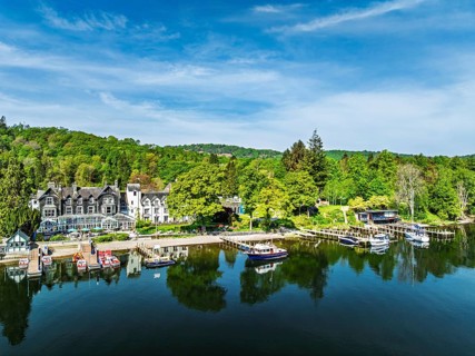 Windermere Lake from drone over Fell Foot Park, Lake District, Cumbria, England, United Kingdom
