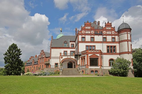 Wiligrad Castle built in 1898 on Lake Schwerin, Lübstorf, Mecklenburg Lake District,