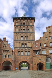 Historic castle gate and customs officers' house as parts of the former city fortifications, city