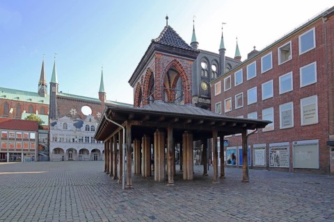 Gothic Kaak former pillory at the market square and town hall, pedestrian, temple, wooden beams,