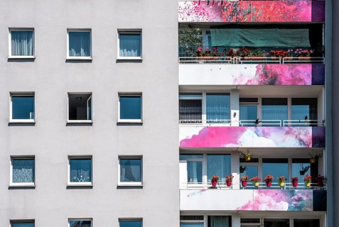High-rise residential building, in Essen-Steele, with colourfully designed façade, balcony