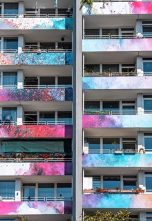 High-rise residential building, in Essen-Steele, with colourfully designed façade, balcony