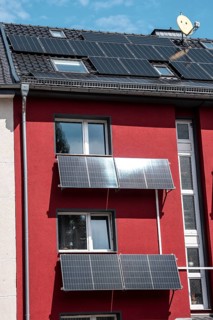 Residential building with photovoltaic modules on the façade and roof, North Rhine-Westphalia,