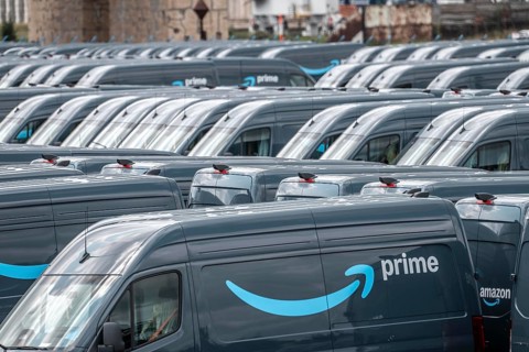 New delivery vehicles for the online mail order company Amazon Prime, with electric drive, are