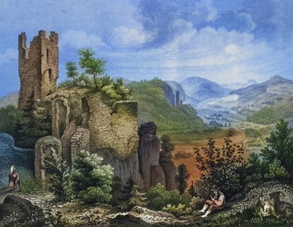 Neideck castle ruins around 1850, former high medieval aristocratic castle above the village of
