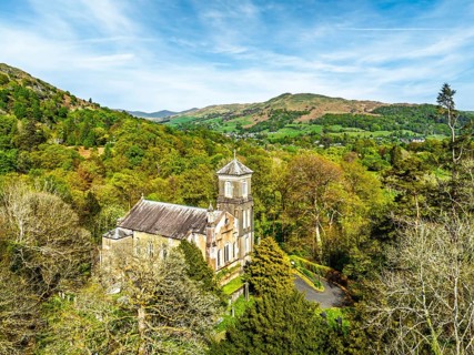 Holy Trinity Church from a drone, Bog Lane, Brathay village, Lake District, Cumbria, England,